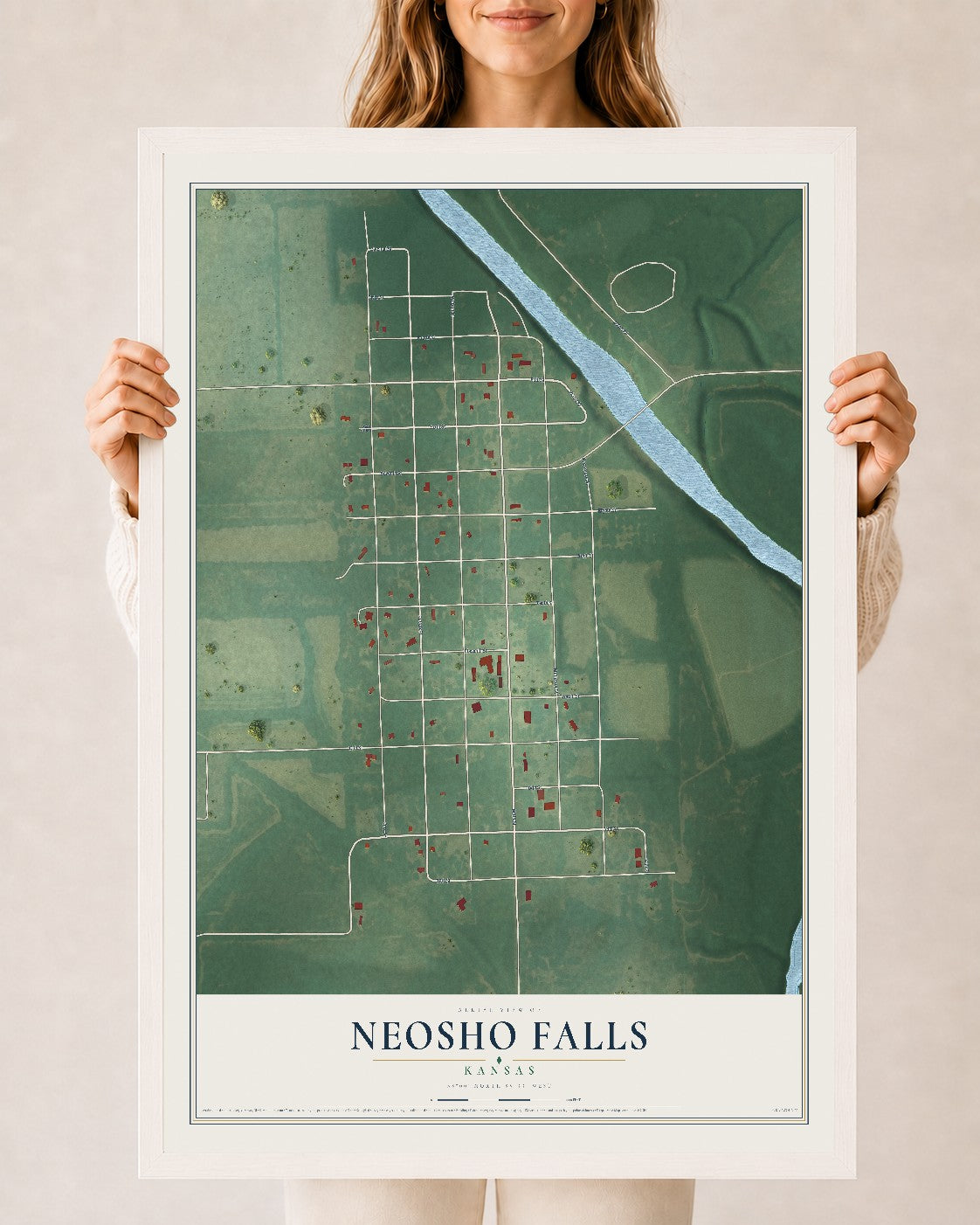 Map of Neosho Falls, Kansas, 24 x 36 inch print in a white wood frame