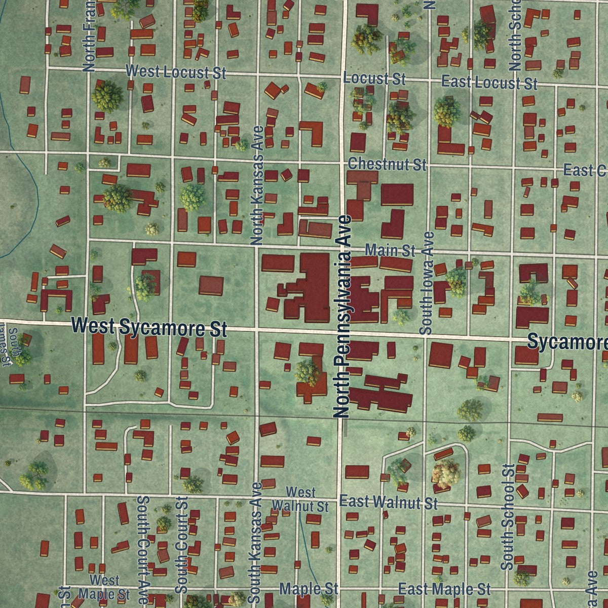 Close-up of the map of Ness City, Kansas print showing street and building detail