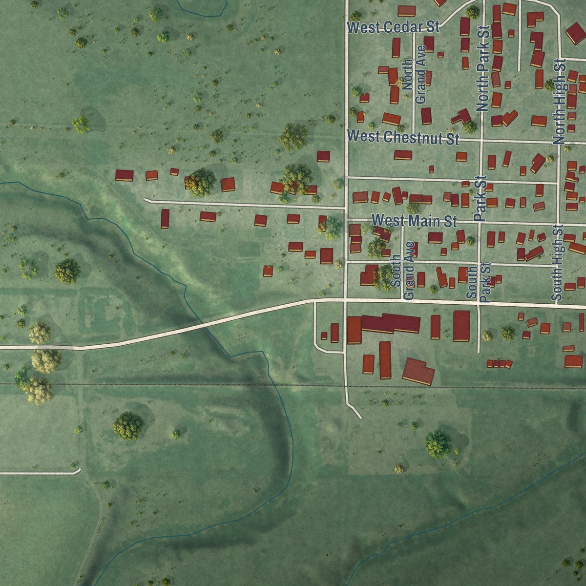 Second close-up of the map of Ness City, Kansas print showing more streets and buildings