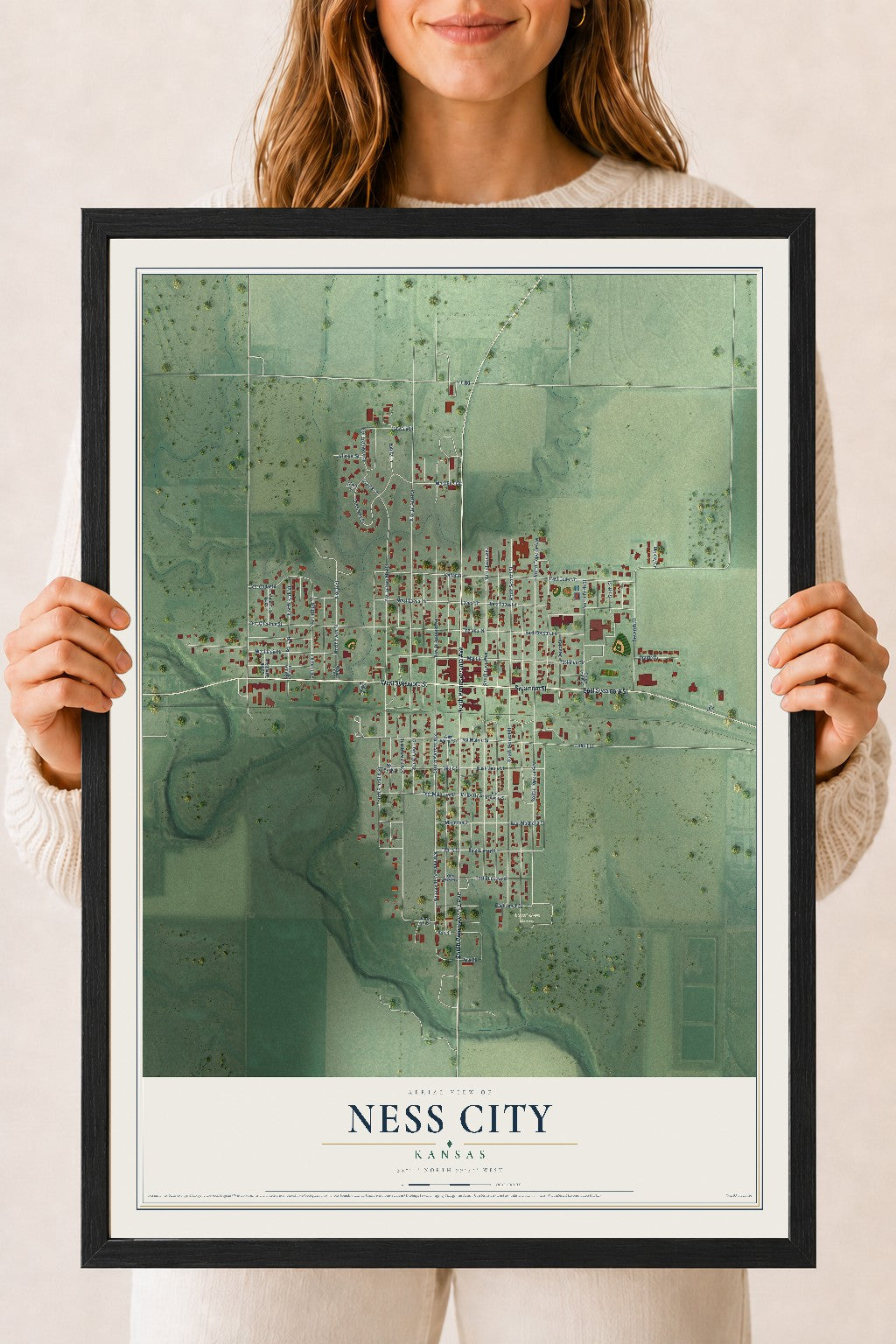 Map of Ness City, Kansas, 18 x 24 inch print in a black wood frame