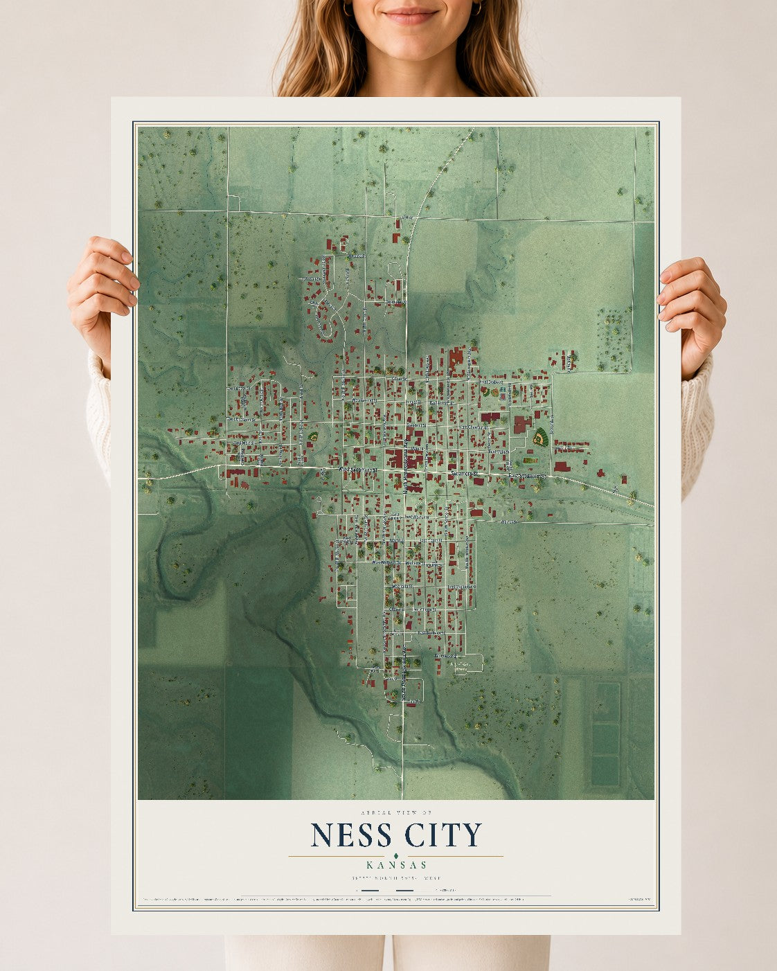 Map of Ness City, Kansas, 24 x 36 inch unframed archival matte print