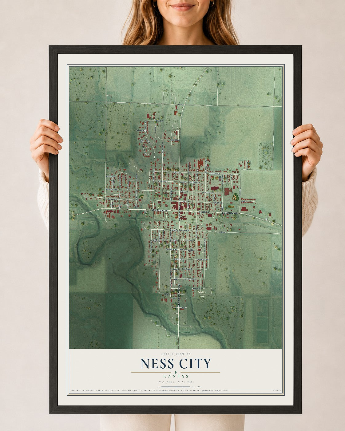 Map of Ness City, Kansas, 24 x 36 inch print in a black wood frame