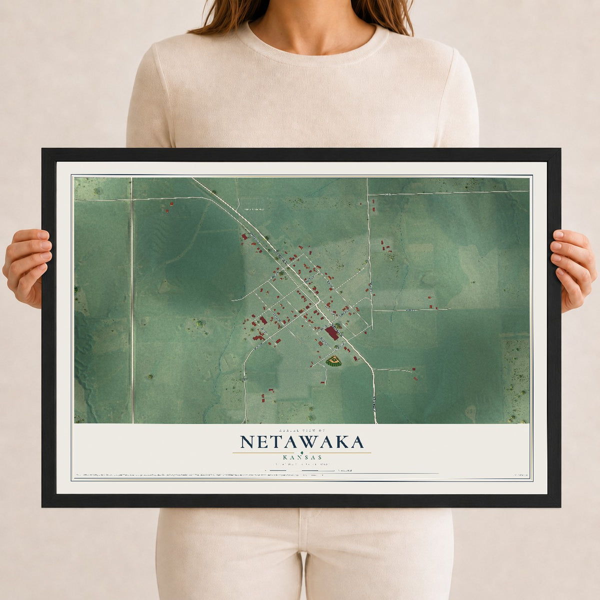 Map of Netawaka, Kansas, 12 x 18 inch print in a black wood frame