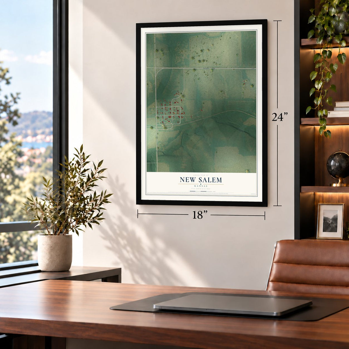 New Salem, Kansas map, 18 x 24 inch print in a black frame in a home office