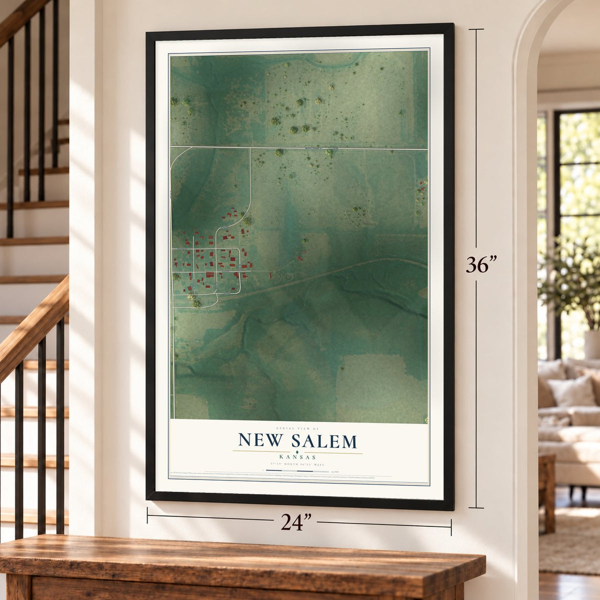 New Salem, Kansas map, 24 x 36 inch print in a black frame by a staircase
