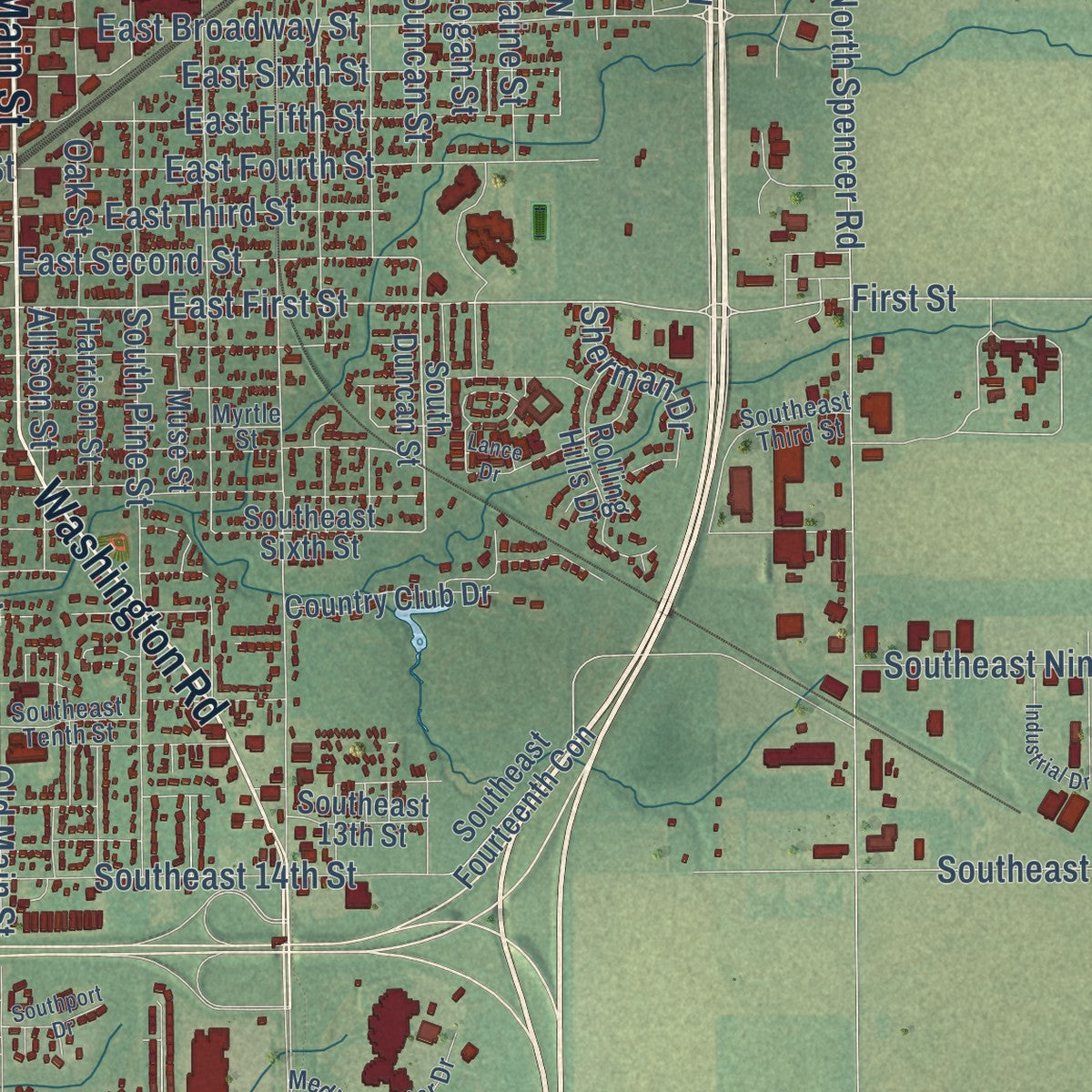Close-up of the map of Newton, Kansas print showing street and building detail