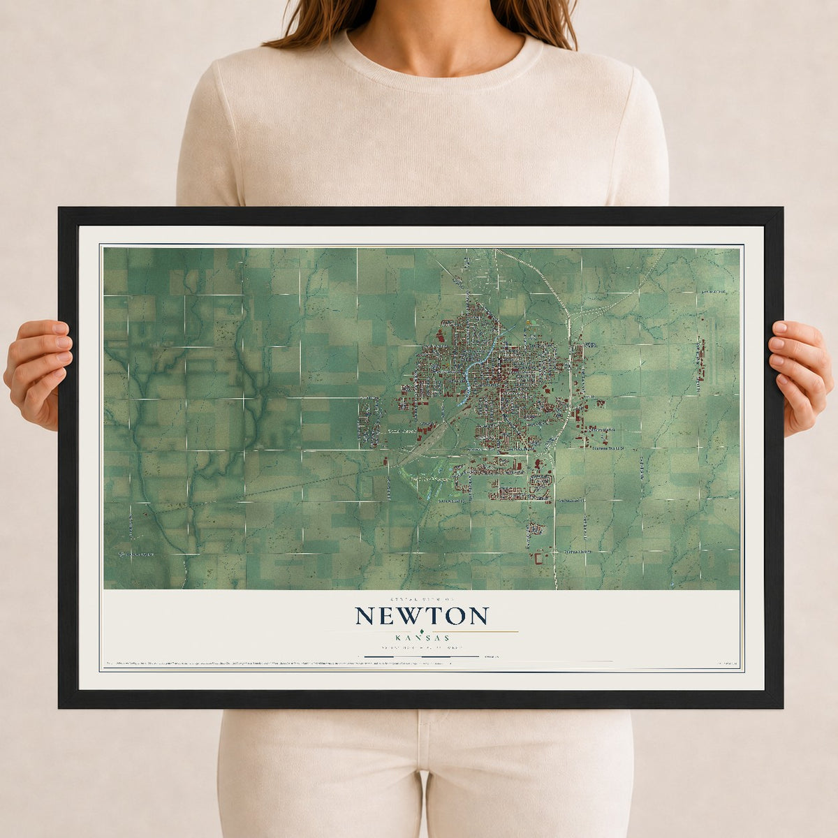 Map of Newton, Kansas, 12 x 18 inch print in a black wood frame