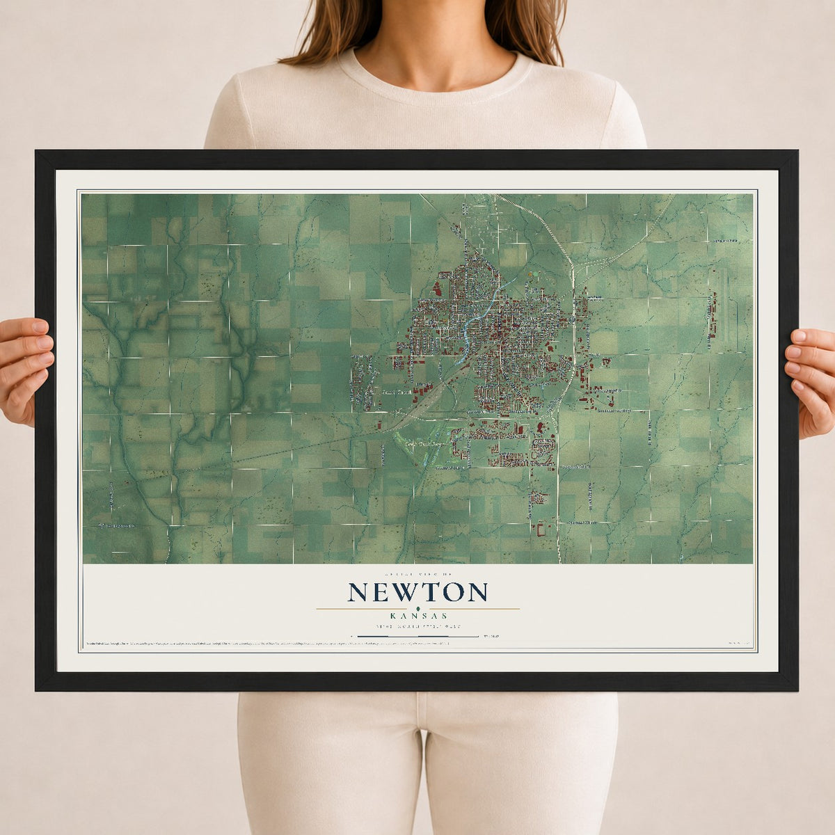 Map of Newton, Kansas, 18 x 24 inch print in a black wood frame