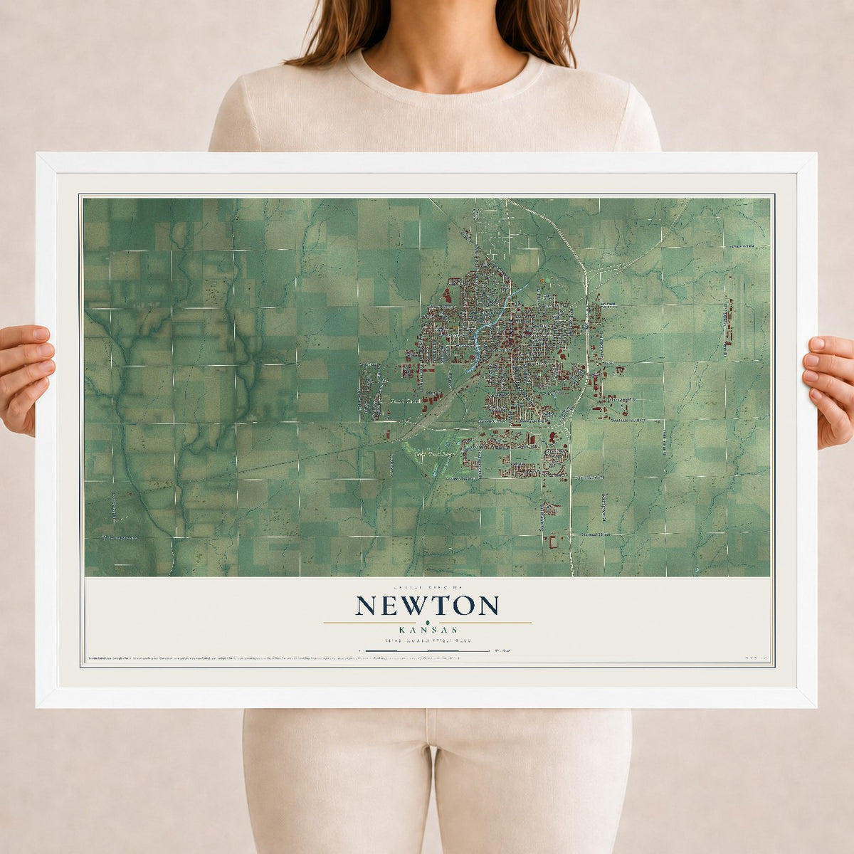 Map of Newton, Kansas, 18 x 24 inch print in a white wood frame