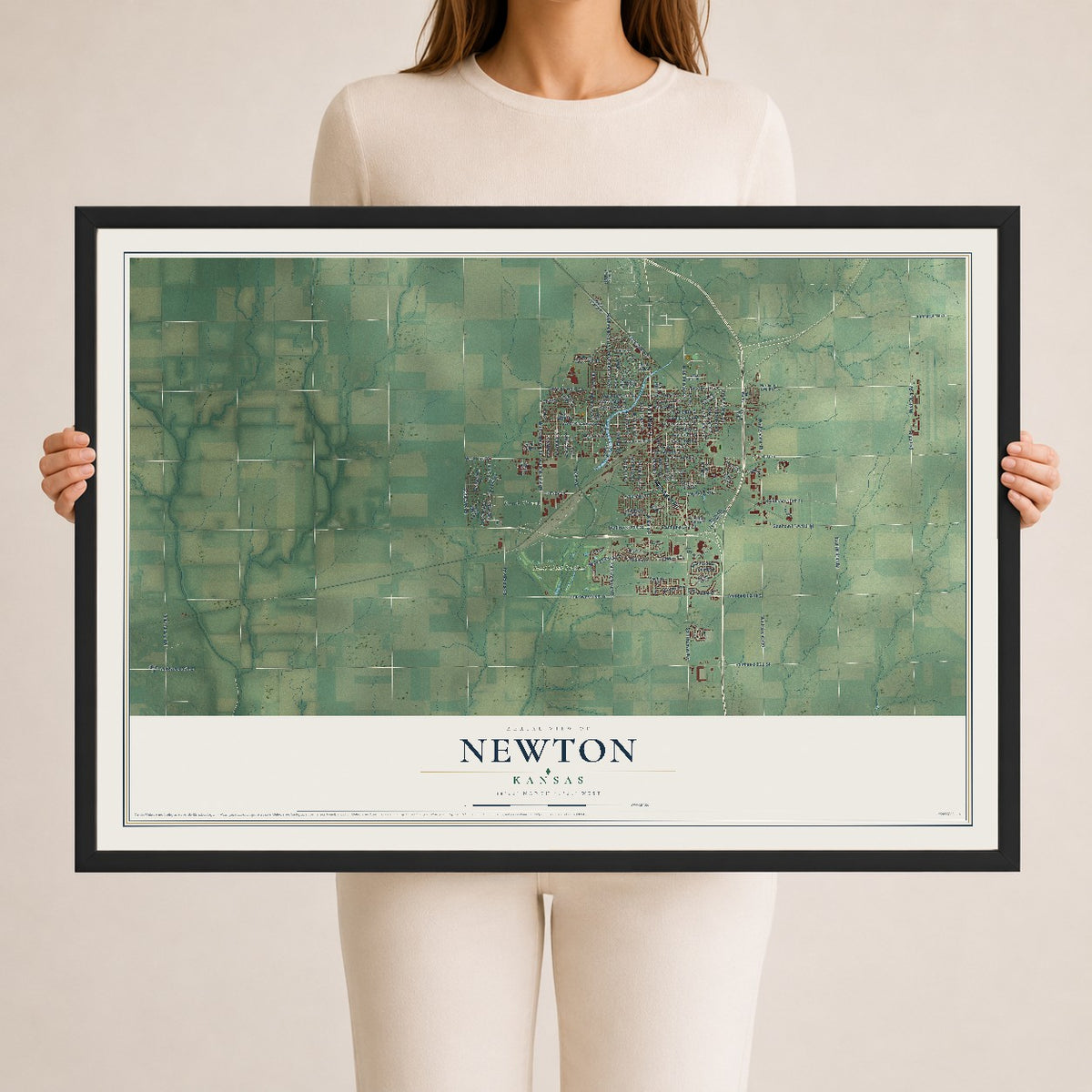 Map of Newton, Kansas, 24 x 36 inch print in a black wood frame