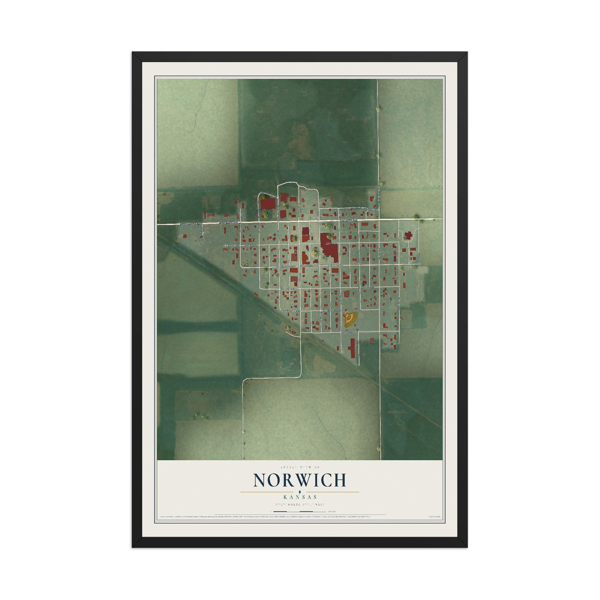 Map of Norwich, Kansas, 12 x 18 inch print in a black wood frame