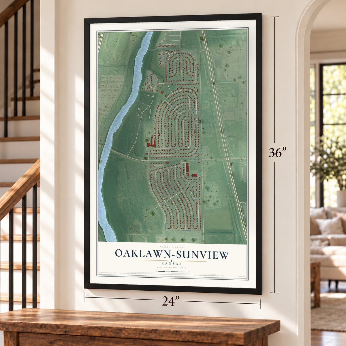 Oaklawn-Sunview, Kansas map, 24 x 36 inch print in a black frame by a staircase