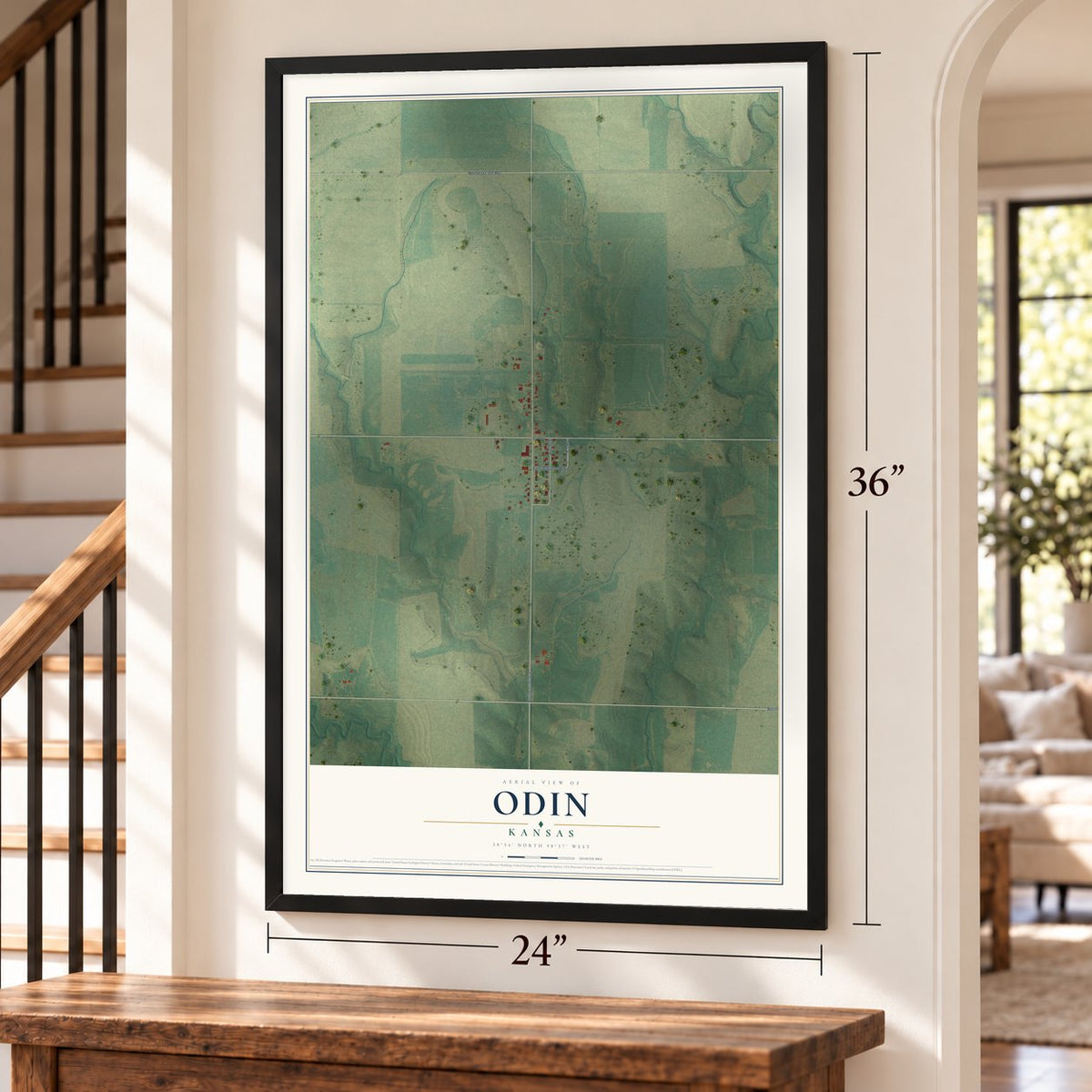 Odin, Kansas map, 24 x 36 inch print in a black frame by a staircase