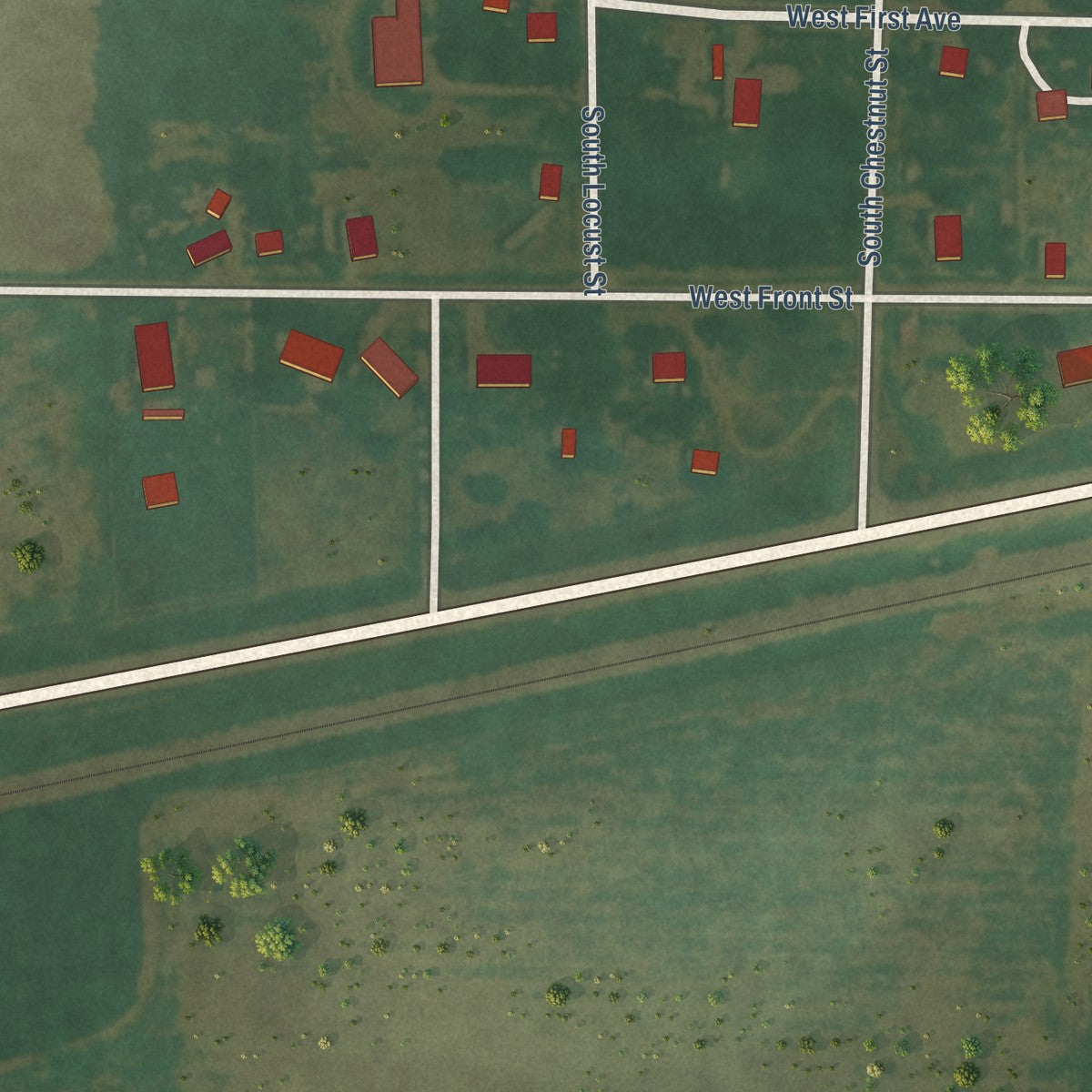 Second close-up of the map of Offerle, Kansas print showing more streets and buildings