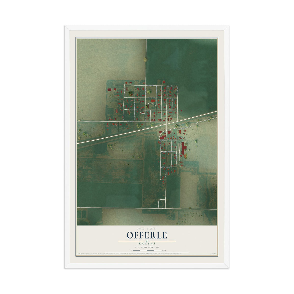 Map of Offerle, Kansas, 12 x 18 inch print in a white wood frame