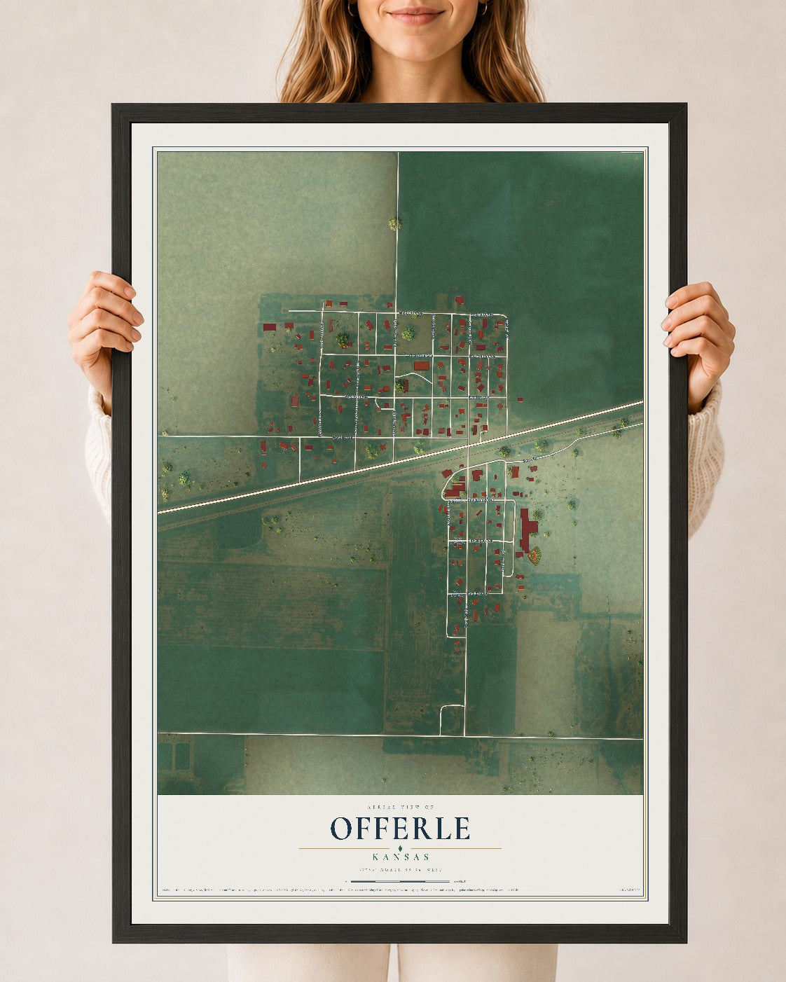 Map of Offerle, Kansas, 24 x 36 inch print in a black wood frame