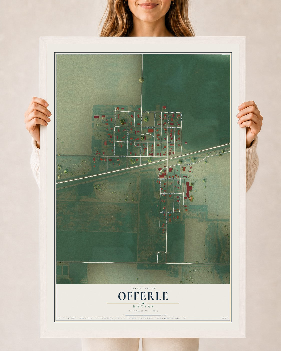 Map of Offerle, Kansas, 24 x 36 inch print in a white wood frame