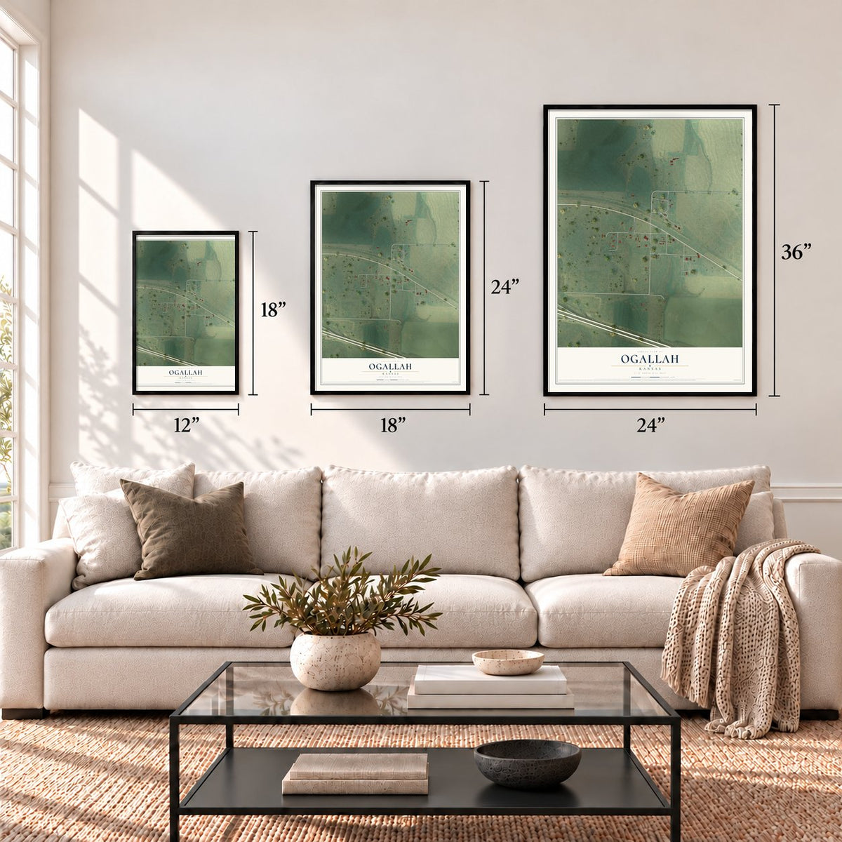 Ogallah, Kansas map in 12 x 18, 18 x 24 and 24 x 36 inch sizes above a sofa