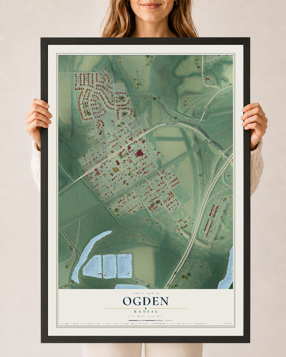 Map of Ogden, Kansas, 24 x 36 inch print in a black wood frame
