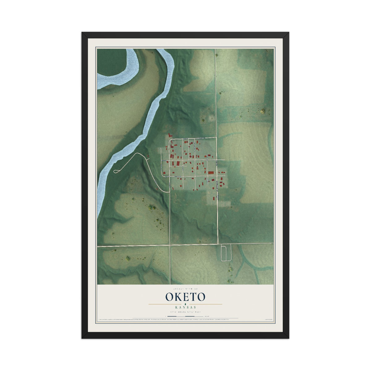 Map of Oketo, Kansas, 12 x 18 inch print in a black wood frame