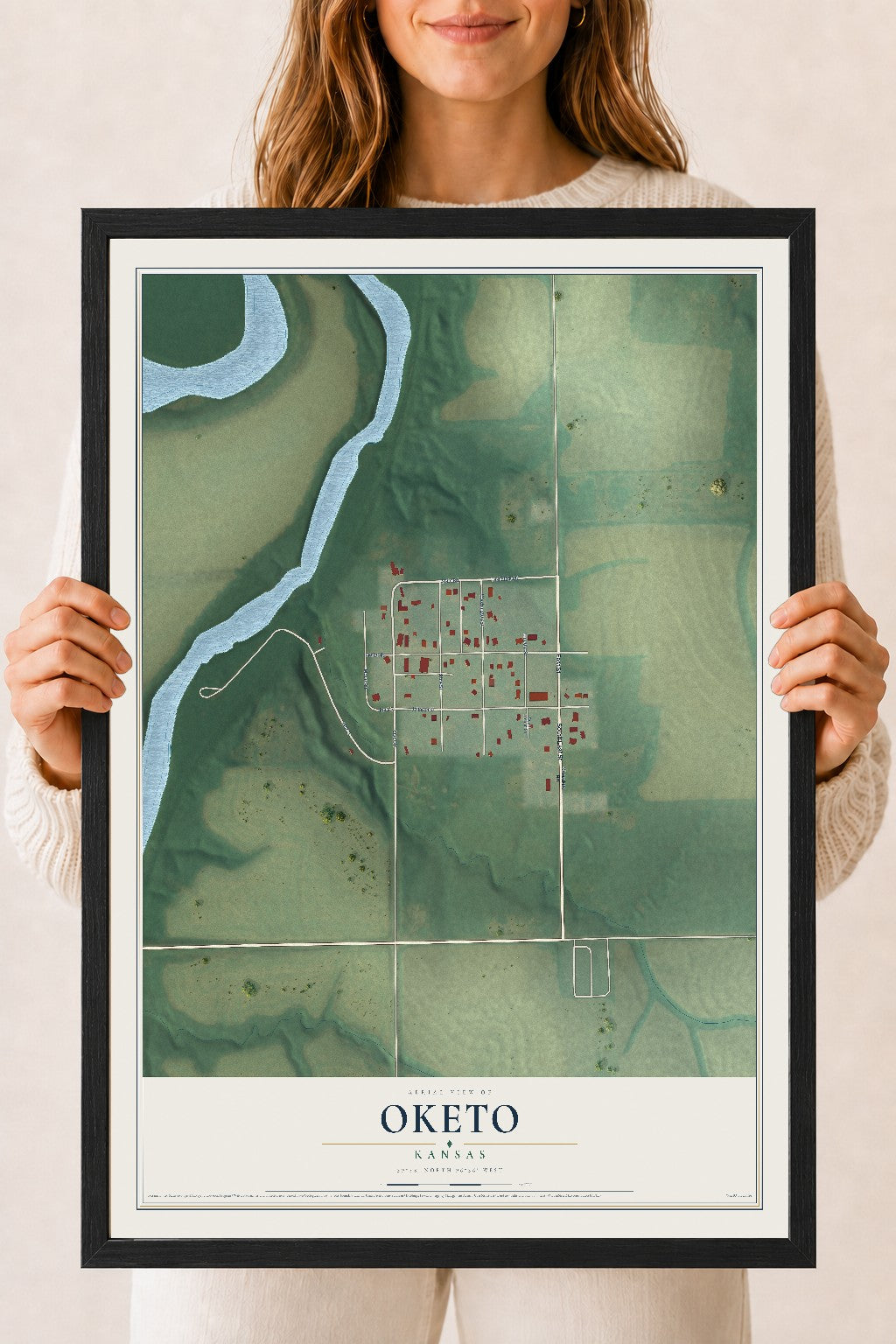 Map of Oketo, Kansas, 18 x 24 inch print in a black wood frame