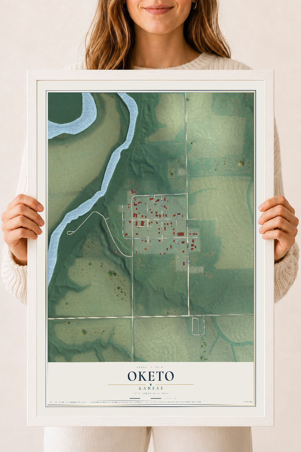 Map of Oketo, Kansas, 18 x 24 inch print in a white wood frame