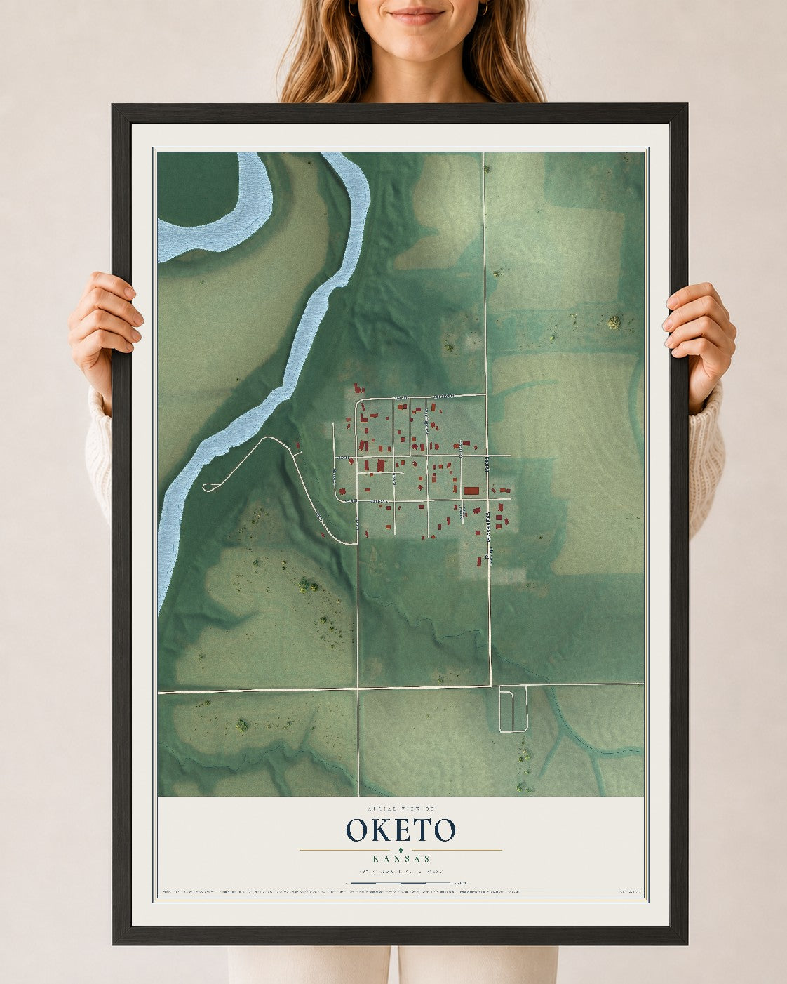 Map of Oketo, Kansas, 24 x 36 inch print in a black wood frame
