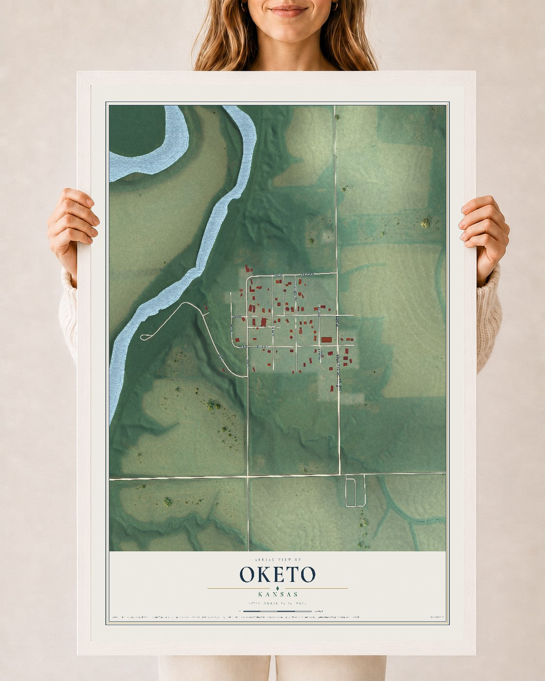 Map of Oketo, Kansas, 24 x 36 inch print in a white wood frame