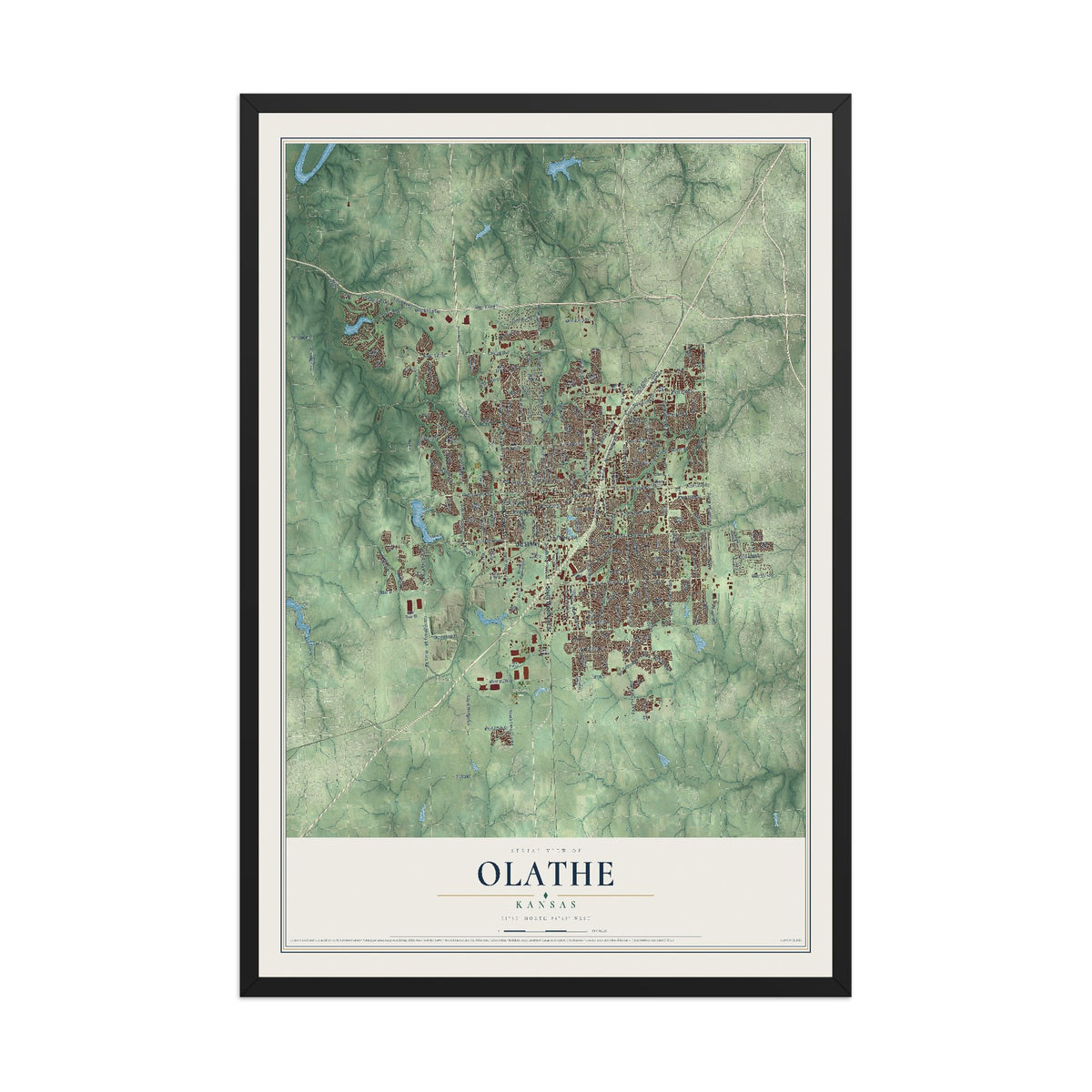 Map of Olathe, Kansas, 12 x 18 inch print in a black wood frame