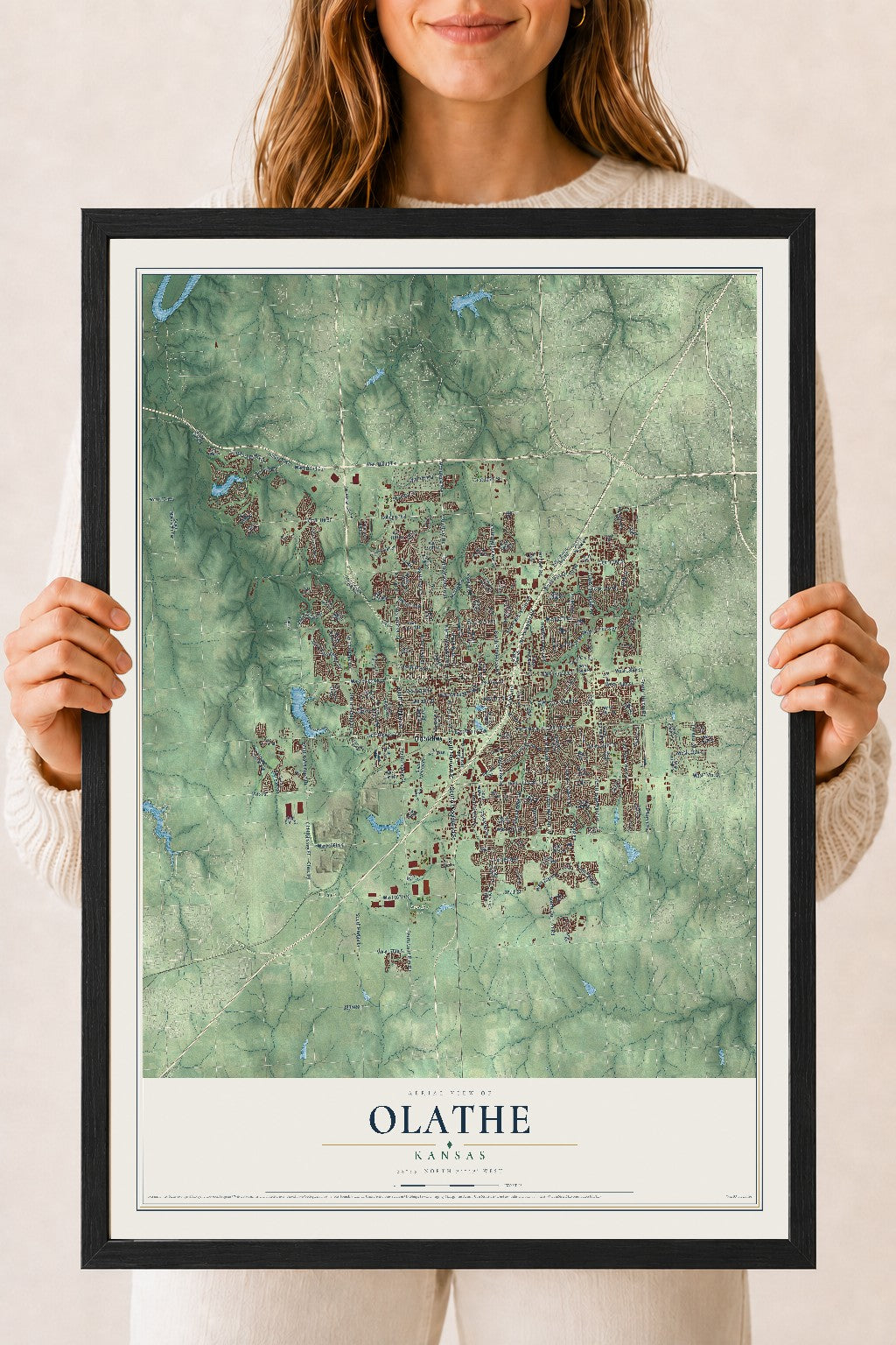 Map of Olathe, Kansas, 18 x 24 inch print in a black wood frame