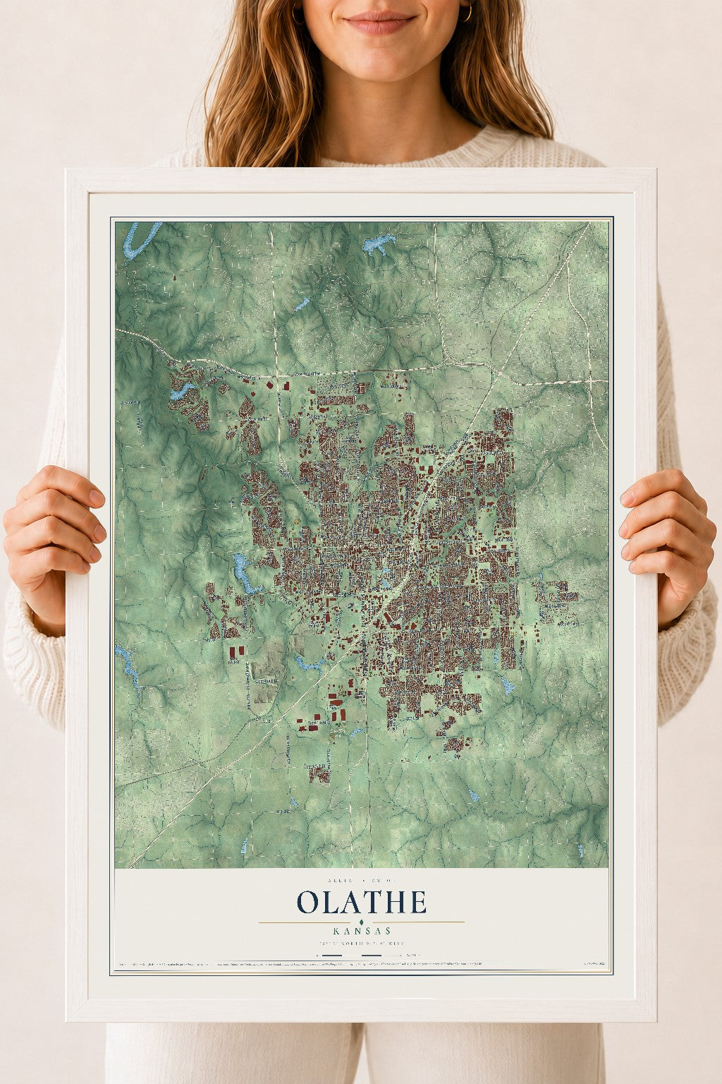 Map of Olathe, Kansas, 18 x 24 inch print in a white wood frame