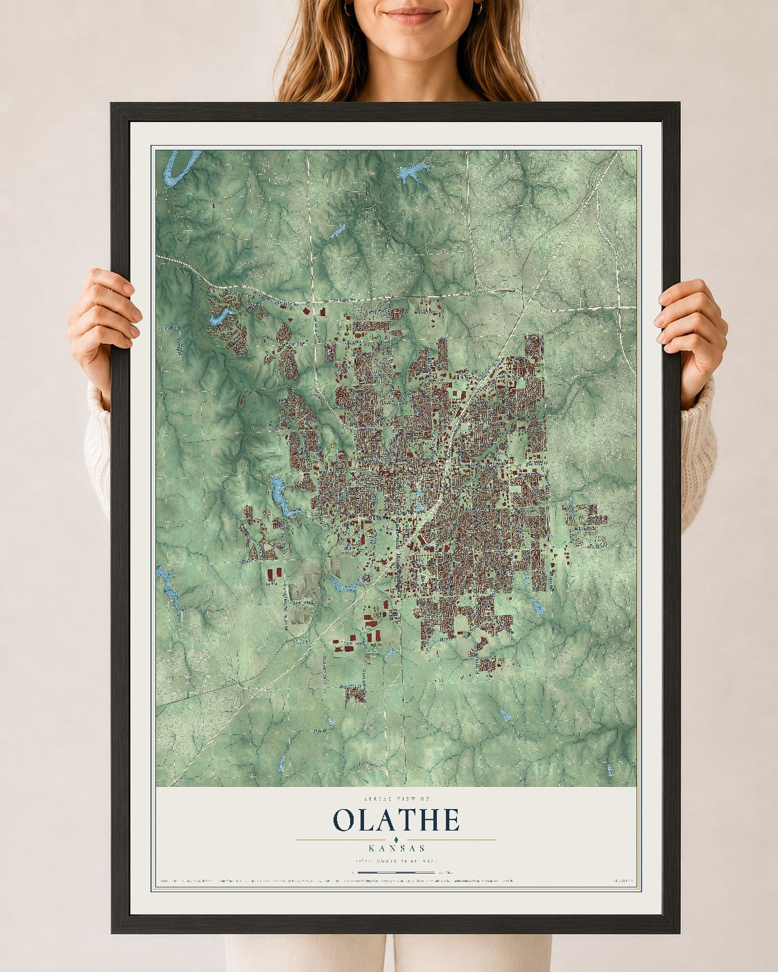 Map of Olathe, Kansas, 24 x 36 inch print in a black wood frame