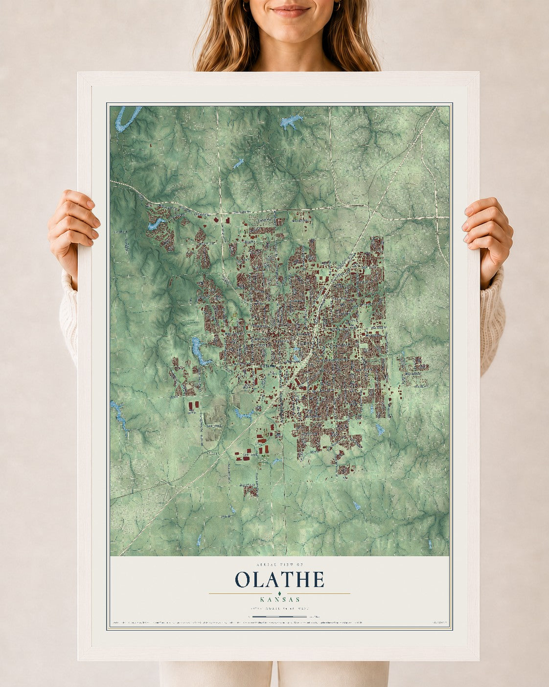 Map of Olathe, Kansas, 24 x 36 inch print in a white wood frame