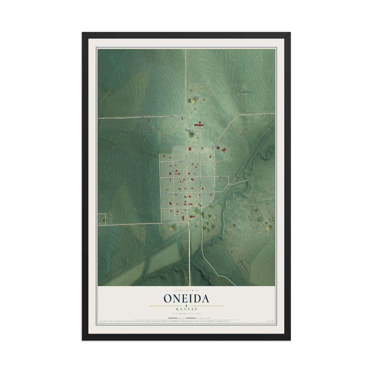 Map of Oneida, Kansas, 12 x 18 inch print in a black wood frame