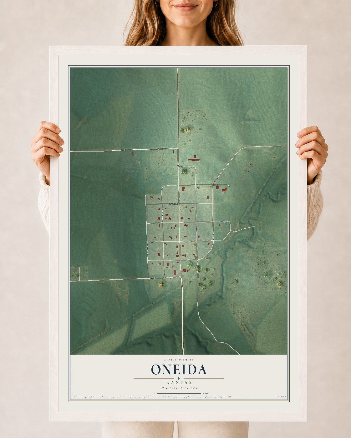 Map of Oneida, Kansas, 24 x 36 inch print in a white wood frame