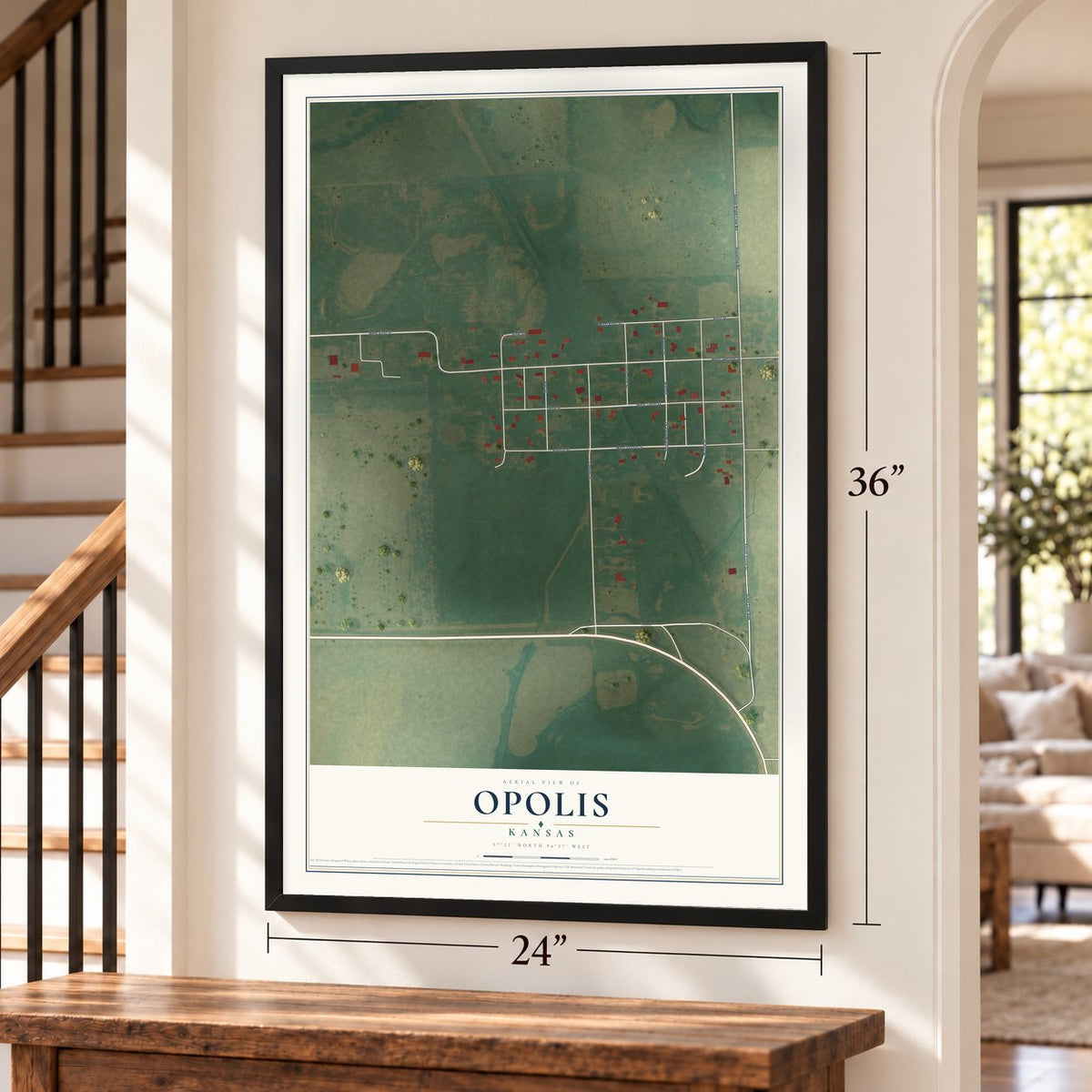 Opolis, Kansas map, 24 x 36 inch print in a black frame by a staircase