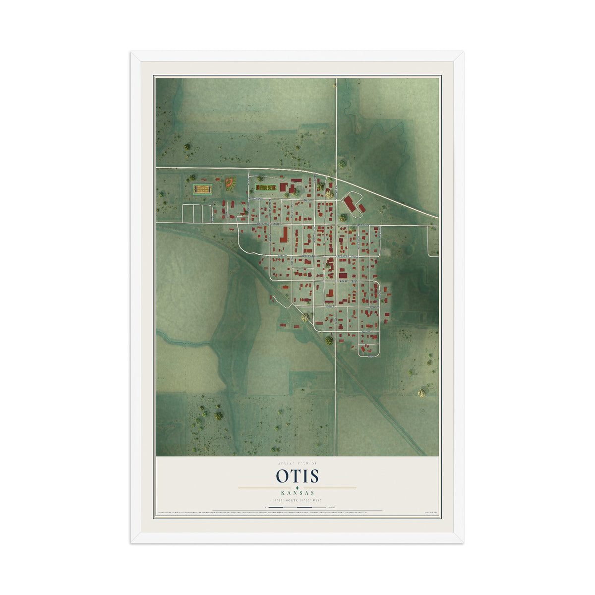 Map of Otis, Kansas, 12 x 18 inch print in a white wood frame