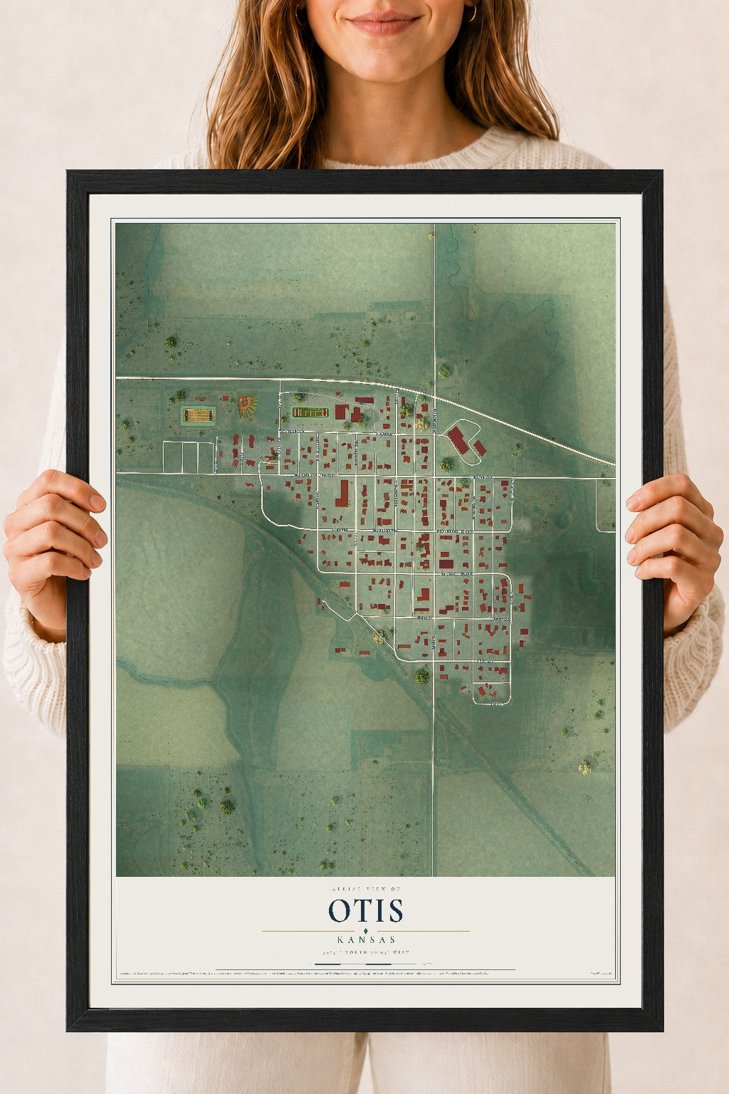 Map of Otis, Kansas, 18 x 24 inch print in a black wood frame