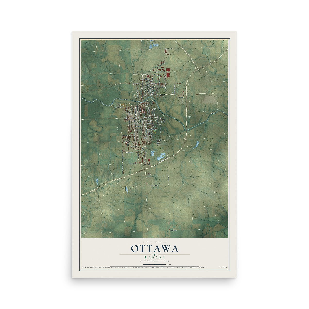 Map of Ottawa, Kansas, 12 x 18 inch unframed archival matte print
