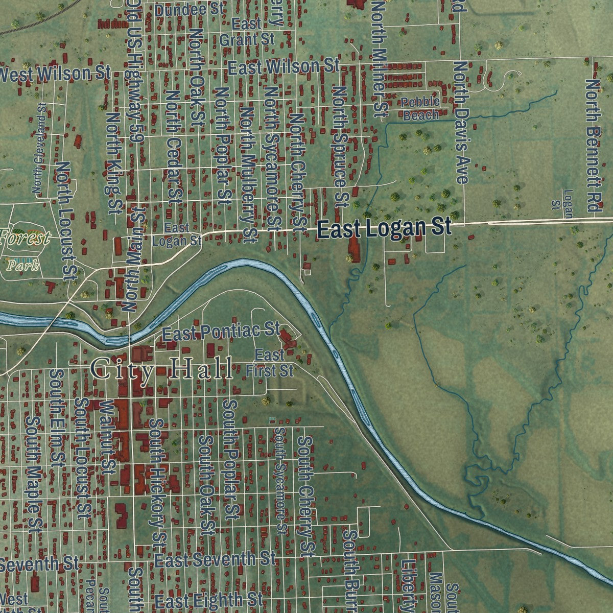 Close-up of the map of Ottawa, Kansas print showing street and building detail