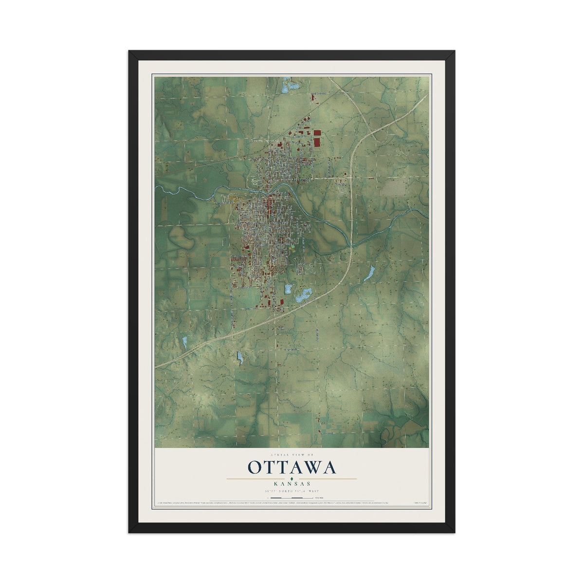 Map of Ottawa, Kansas, 12 x 18 inch print in a black wood frame