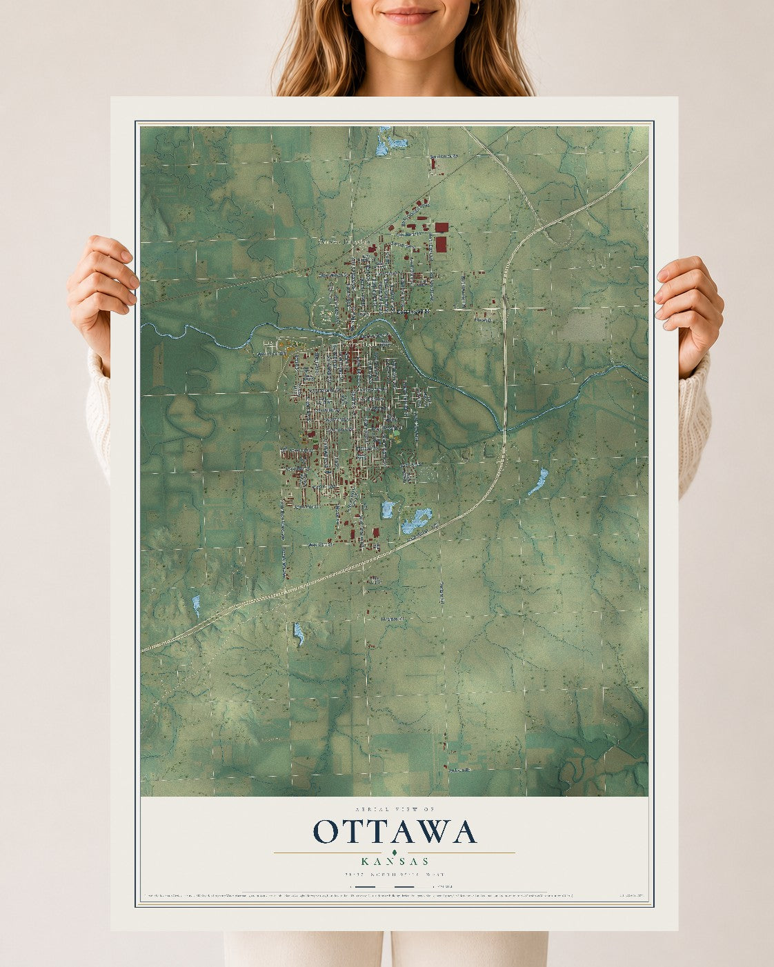 Map of Ottawa, Kansas, 24 x 36 inch unframed archival matte print