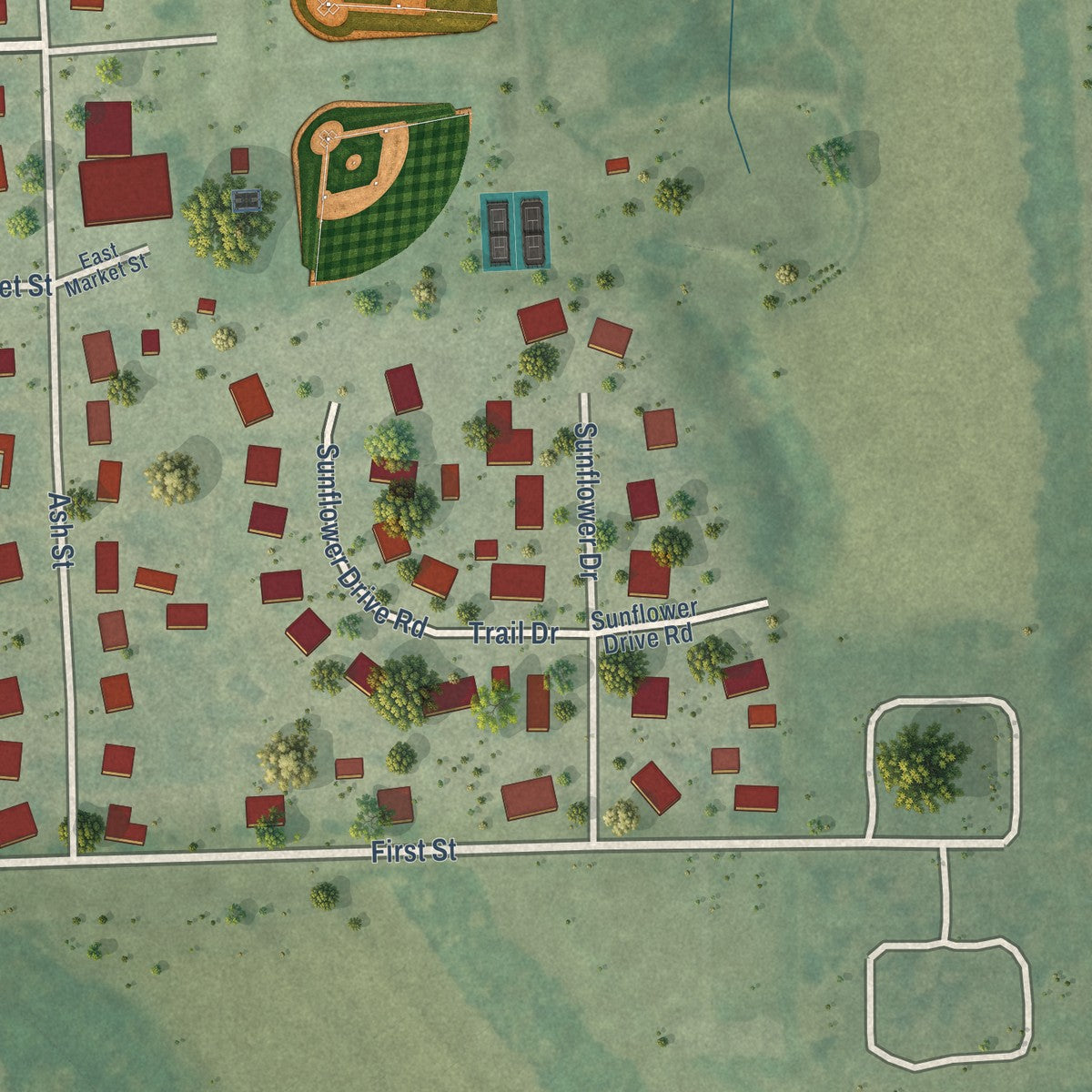 Second close-up of the map of Overbrook, Kansas print showing more streets and buildings