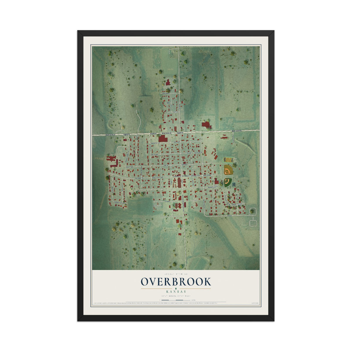 Map of Overbrook, Kansas, 12 x 18 inch print in a black wood frame