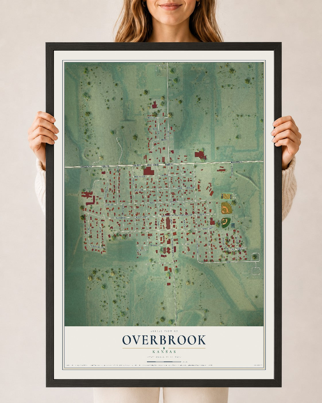 Map of Overbrook, Kansas, 24 x 36 inch print in a black wood frame