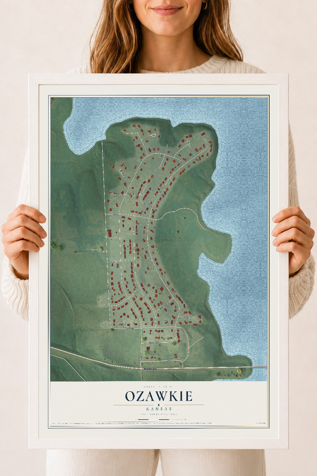 Map of Ozawkie, Kansas, 18 x 24 inch print in a white wood frame