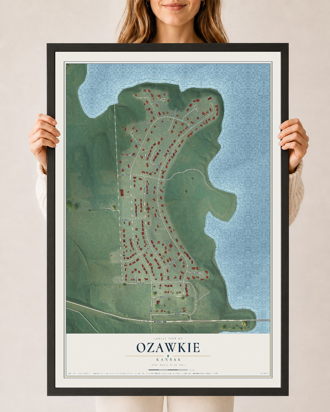 Map of Ozawkie, Kansas, 24 x 36 inch print in a black wood frame