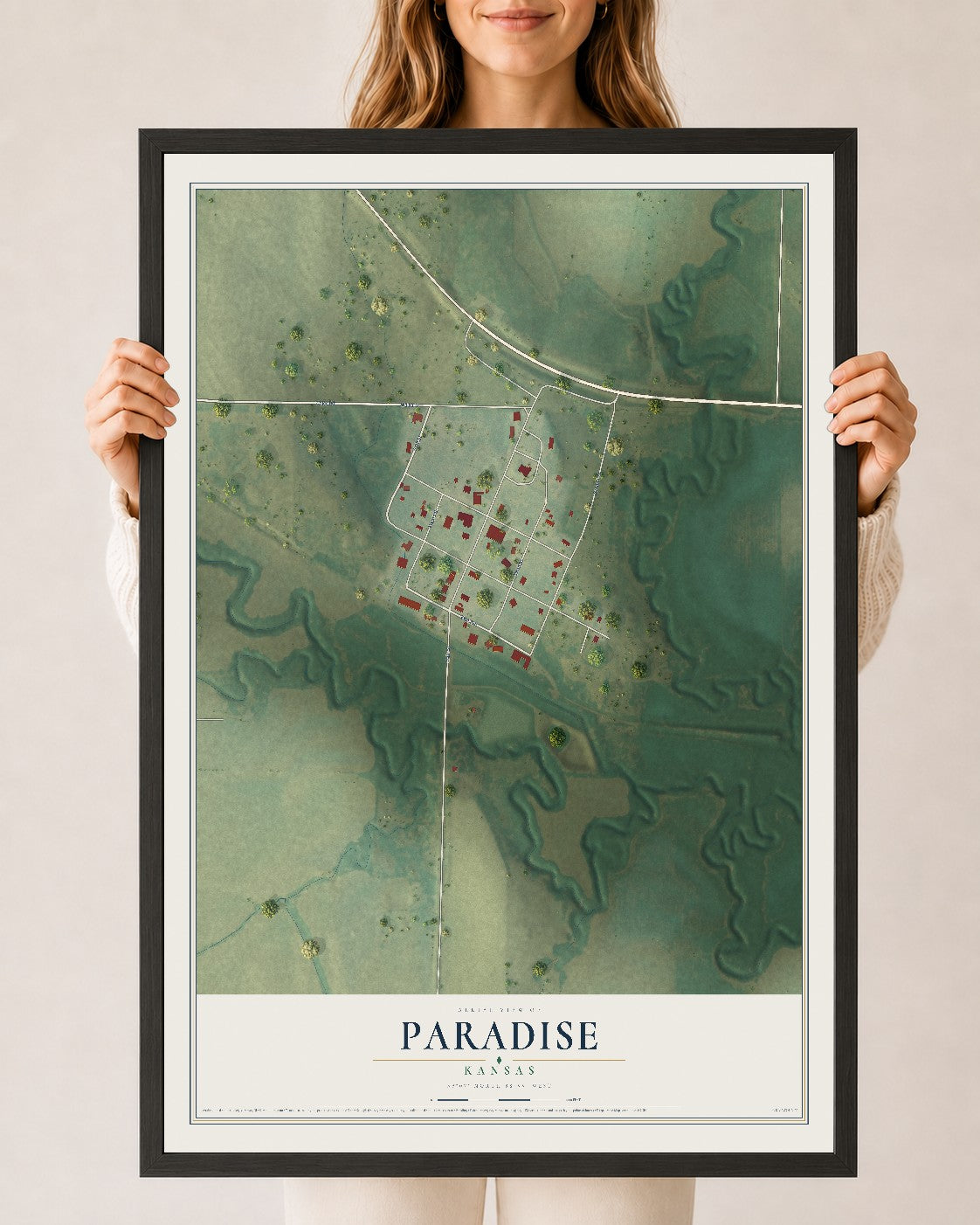 Map of Paradise, Kansas, 24 x 36 inch print in a black wood frame