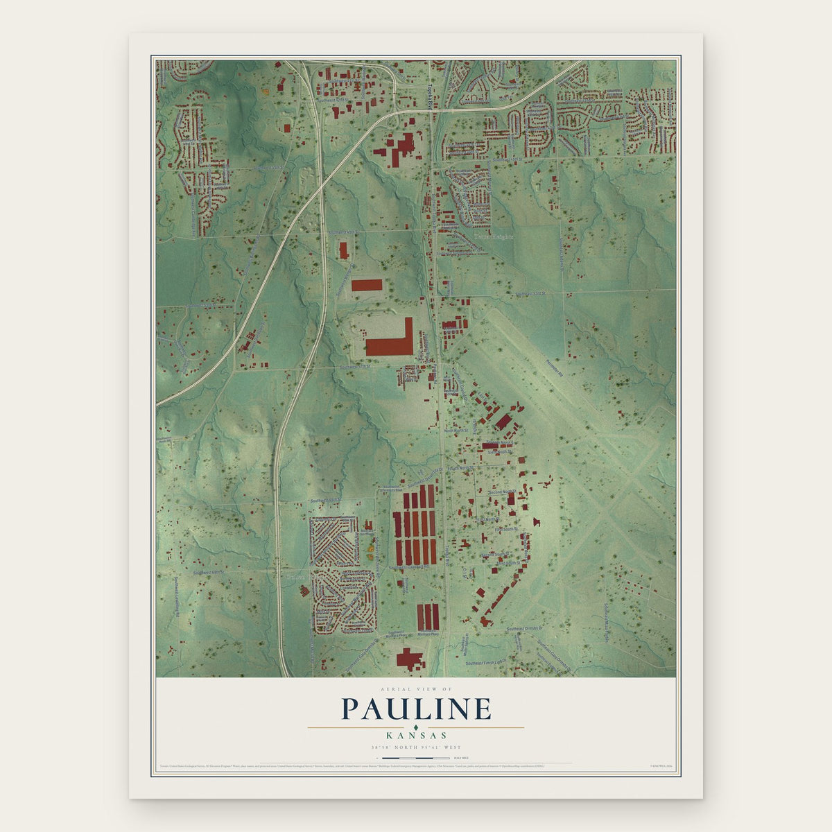 Pauline, Kansas map print, the full design