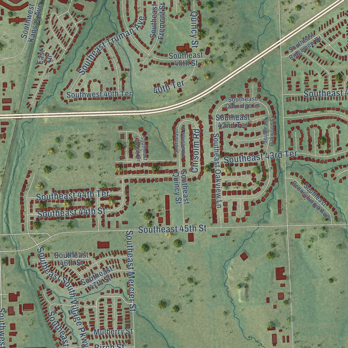 Close-up of the map of Pauline, Kansas print showing street and building detail